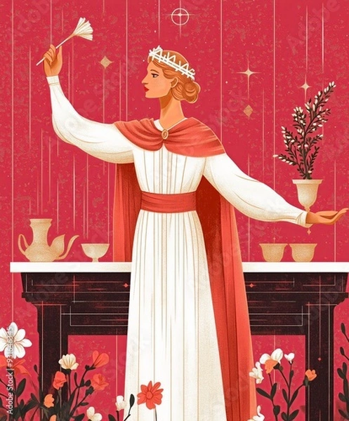 Fototapeta An elegant goddess dressed in white and red, performing a ritual with flowers and symbolic items on a table, set against a vibrant pink background with a floral foreground.