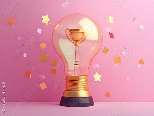 Obraz Golden Trophy Cup on Pedestal with Glowing Lightbulb Against Pink Background