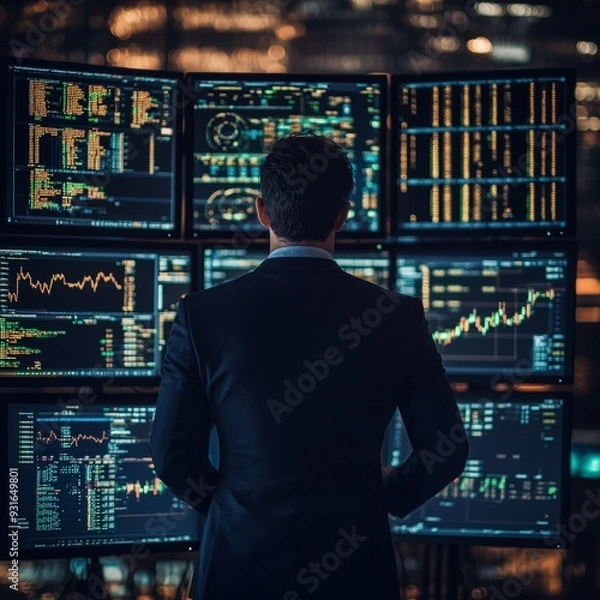 Fototapeta Stressed trader reacting to sudden stock market collapse