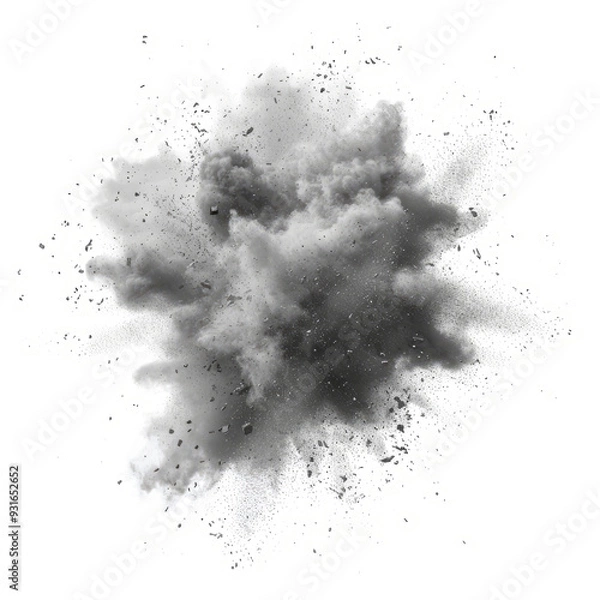 Fototapeta A surreal explosion of soft dust particles, creating a swirling cloud effect with shades of gray on white.