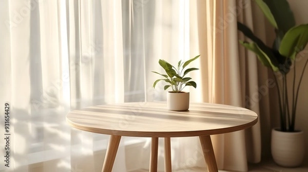 Fototapeta White wooden round table, minimalist Scandinavian design, soft beige curtains background, potted plant, natural sunlight, cozy interior, warm tones, clean lines.