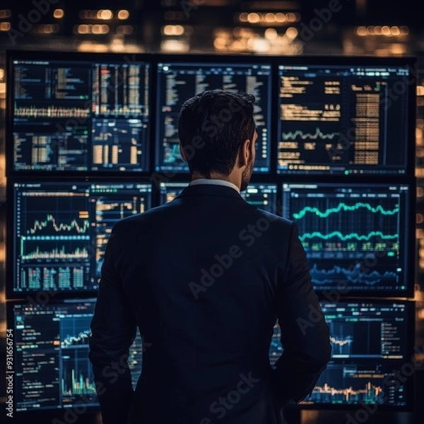 Fototapeta Stressed trader reacting to sudden stock market collapse