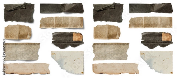 Fototapeta set of wabi-sabi inspired ripped or torn blank dark paper scraps with different grungy textures isolated over transparency, textured grunge collage design elements or banners with and without shadows