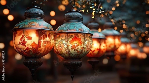 Fototapeta A close-up of intricate Diwali lanterns (kandils) hanging in a row