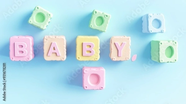 Fototapeta A fun design of pastel-colored baby blocks spelling "BABY," [baby blocks], [playful and cheerful]