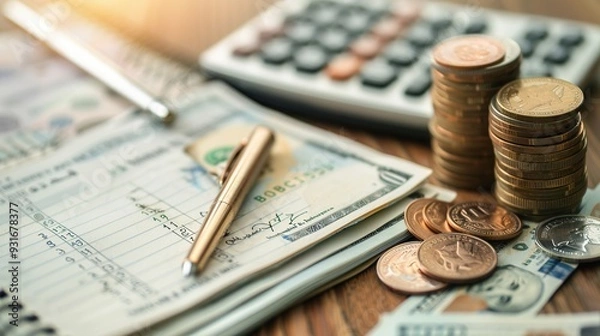 Fototapeta A stack of cash and coins sits beside an open notebook filled with calculations, alongside a calculator in a warm, inviting workspace. Generative AI