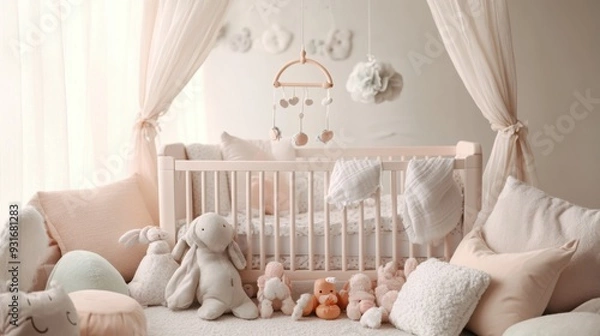 Fototapeta A sweet scene of a baby crib surrounded by soft pillows, a mobile, and plush toys, all in gentle pastel tones, [baby crib setup], [peaceful and cozy]
