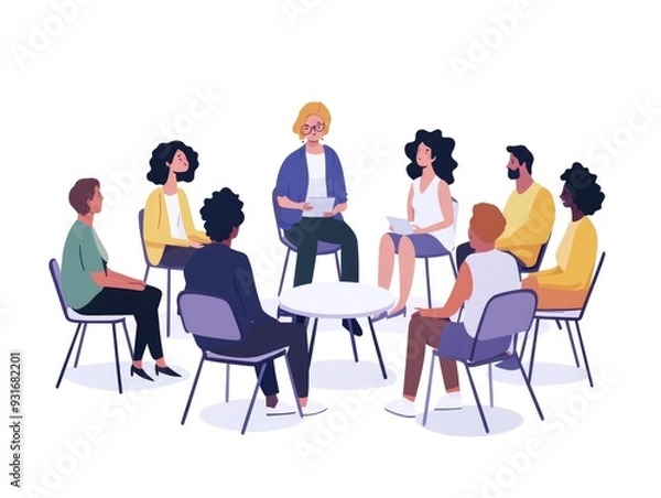 Fototapeta Group Therapy Session with Diverse People in a Support Circle on White Background