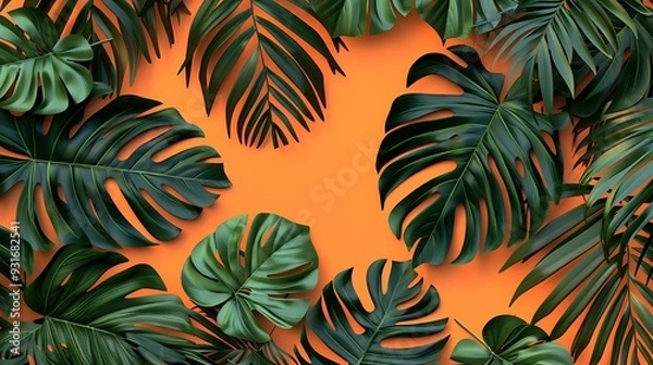 Fototapeta Green leaves pattern leaf palm tree isolated on orange background include clipping path