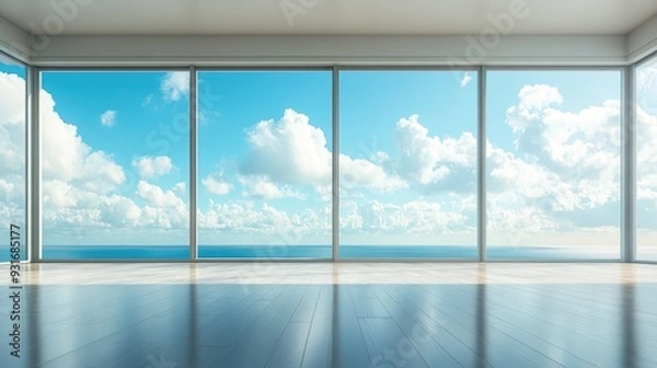 Fototapeta An empty floor with a clear view of the horizon, set against a beautiful blue sky filled with fluffy clouds.
