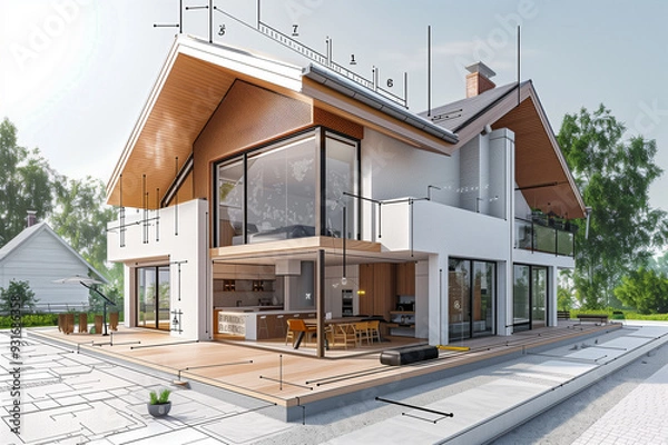 Obraz Projet de construction d'une maison d'habitation moderne d'architecte sous forme d'esquisse avec plan