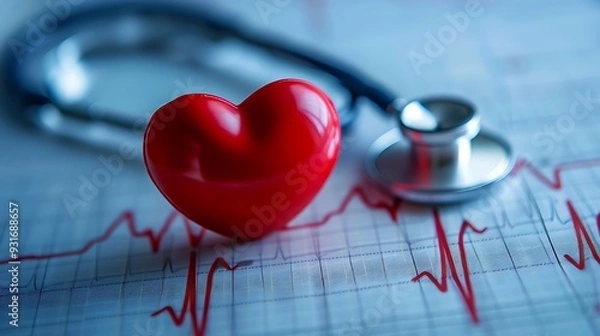 Obraz Heart health concept a heart shape on an electrocardiogram with a stethoscope slight blue tone you may also like