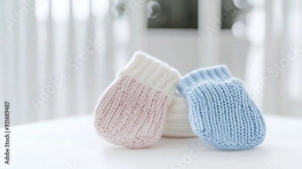 Fototapeta A soft-focus image of baby mittens in light pastel colors, gently placed on a white surface, [baby mittens], [tiny and delicate]