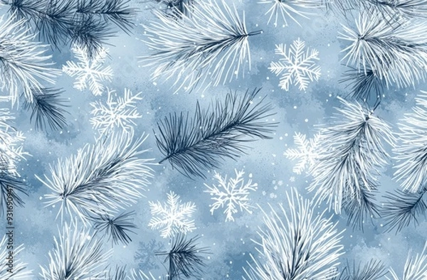 Fototapeta Design for a winter card with pine branches and snowflakes.
