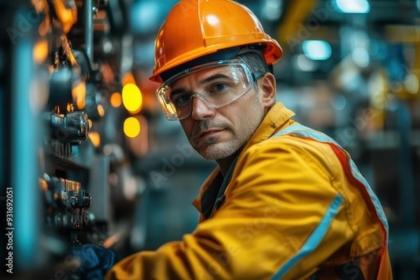 Fototapeta A factory worker operating heavy machinery