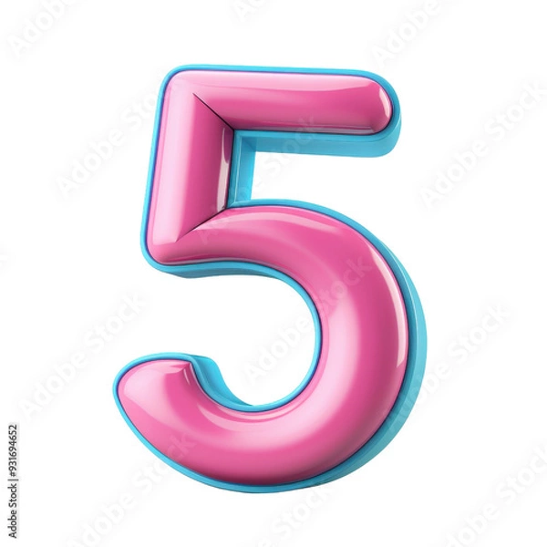 Fototapeta Pink and blue 3D number five with a glossy finish and a cartoon-like style.  Perfect for kids' projects or playful designs.