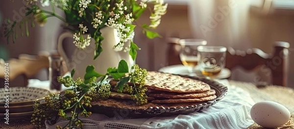 Fototapeta Pesah celebration idea Jewish Passover holiday. with copy space image. Place for adding text or design