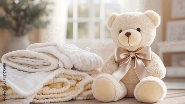 Fototapeta A soft-focus shot of a teddy bear with a silky ribbon, sitting near a stack of baby blankets, [teddy bear], [cozy and comforting]