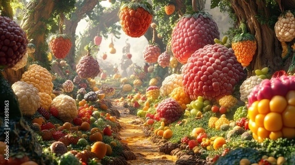Fototapeta A vibrant, magical garden filled with colorful fruits, creating a whimsical and enchanting atmosphere for nature lovers.