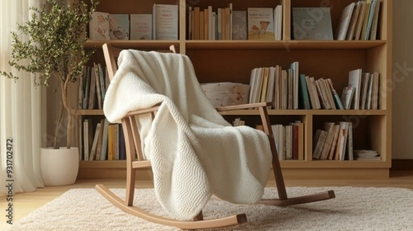 Fototapeta A tranquil nursery setup with a rocking chair, a cozy blanket draped over it, and a bookshelf of baby books, [baby nursery corner], [calm and inviting]