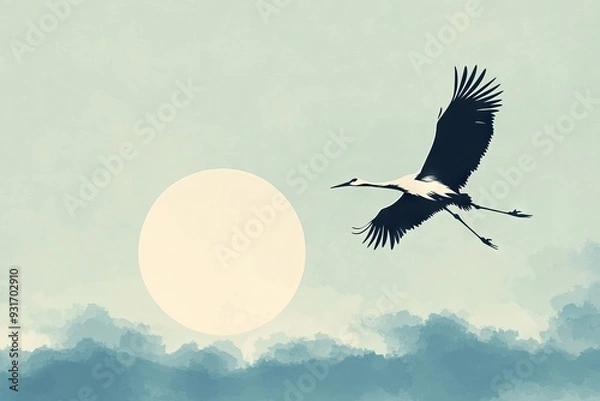 Fototapeta Japanese Crane birds flying in the style of large-scale minimalistic silhouette with white Nymphaea on a blue sky background. AI generated illustration.