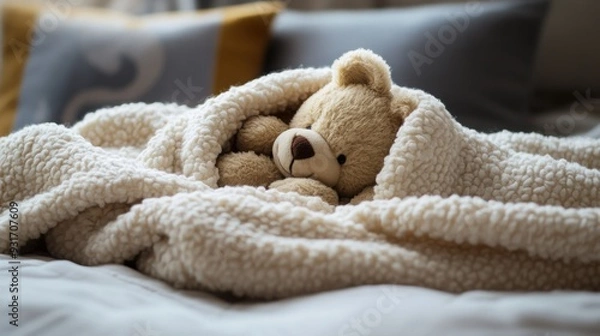 Fototapeta A warm image of a plush teddy bear wrapped in a cozy baby blanket, [cozy baby blanket], [comforting and warm]