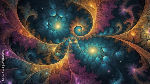 Fototapeta Abstract view of fractal patterns forming a swirling and vibrant cosmic landscape showcasing the colors and light of the infinite beauty of the universe