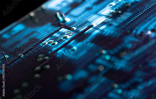 Fototapeta Close-up of an illuminated blue electronic circuit board with many electrical components, isolated on black background, selective focus