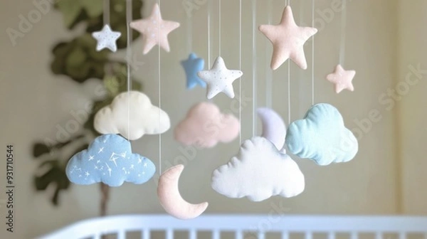 Fototapeta A dreamy pastel-colored mobile featuring soft clouds, stars, and moons gently hanging over a crib, [baby mobile], [whimsical and calming]