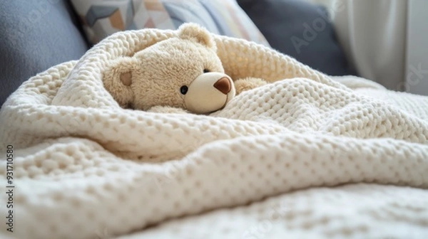Fototapeta A soothing image of a cozy baby blanket with a plush teddy bear snugly tucked in, [cozy baby blanket], [comforting and warm]