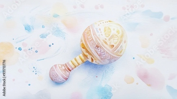 Fototapeta A gentle watercolor painting of a baby rattle in soft pastel shades with delicate patterns, [baby rattle watercolor], [playful and soft]