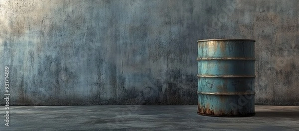 Fototapeta One oil barrel against a bare cement wall. with copy space image. Place for adding text or design