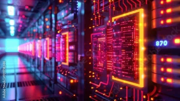 Fototapeta Contemporary supercomputer illustration with glowing circuits in a dark room, neon accents, grunge graffiti, and a protest symbol against artificial intelligence.