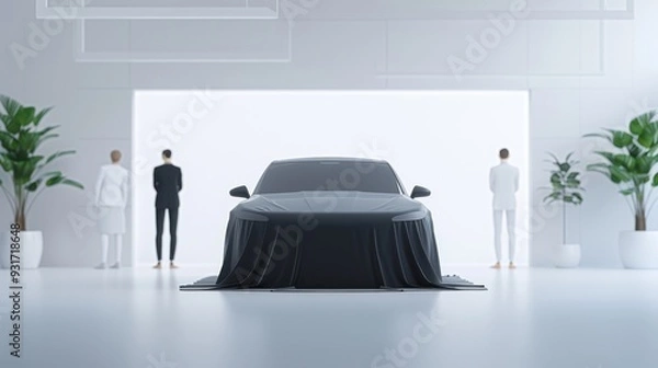 Obraz Unveiling Innovation, A sleek car draped in black cloth awaits reveal, showcasing collaboration between people and AI robots in a modern office environment