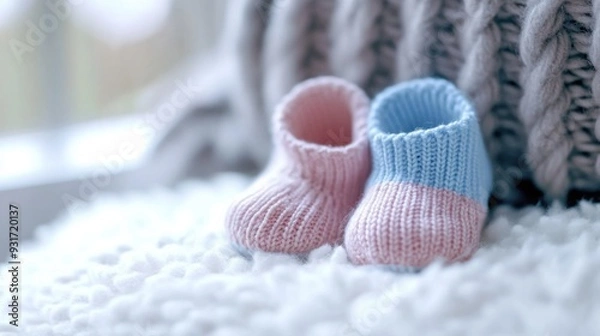 Fototapeta A close-up of tiny baby booties in soft pink and blue, resting on a plush white surface, [baby booties], [delicate and adorable]