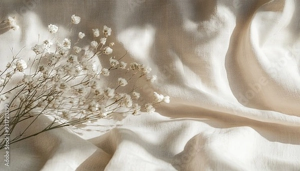 Obraz Craft a professional boho wedding textile background with a smooth neutral beige linen fabric. Abstract floral sunlight shadows should enhance the texture and create a sophisticated look
