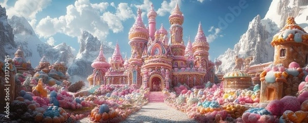 Fototapeta A whimsical candy castle surrounded by colorful sweets under a bright blue sky, perfect for dreamlike and fantasy-themed projects.