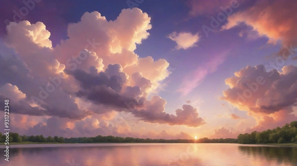 Fototapeta a summer atmosphere with soft clouds and a colorful sky with hues of orange, pink and purple