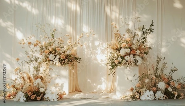 Fototapeta Generate a sophisticated boho wedding backdrop with smooth neutral beige linen. Incorporate abstract floral sunlight shadows to enhance the texture and elegance