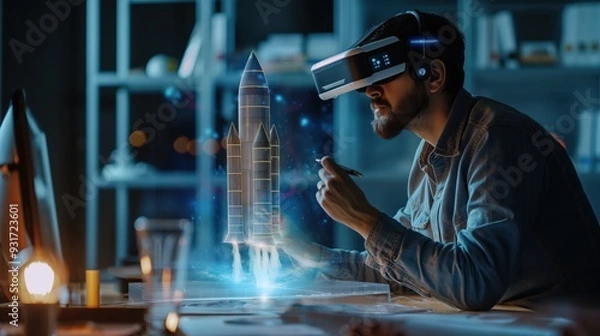 Obraz Innovative Designer Creating Space Rocket Hologram with XR Glasses