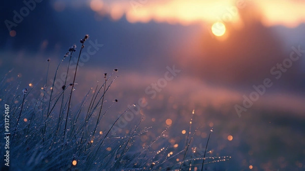 Fototapeta autumn morning with cool mist, dewy grass, soft light, and crisp air, creating a serene atmosphere as gentle fog rolls over the landscape