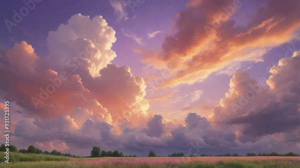 Fototapeta a summer atmosphere with soft clouds and a colorful sky with hues of orange, pink and purple