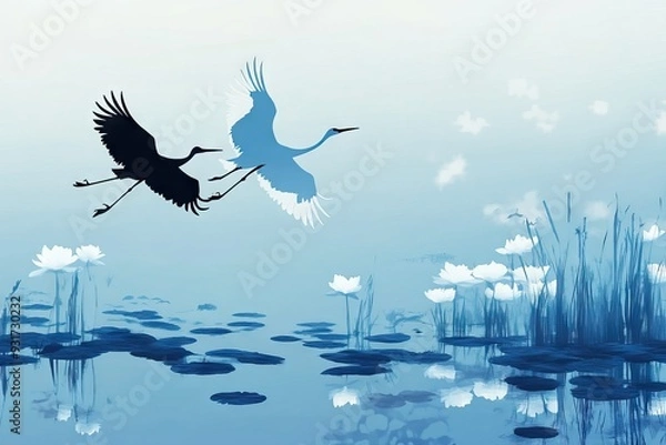 Fototapeta Japanese Crane birds flying in the style of large-scale minimalistic silhouette with white Nymphaea on a blue sky background. AI generated illustration.