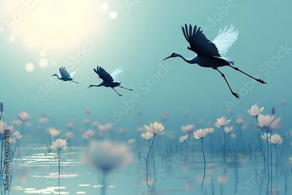 Fototapeta Japanese Crane birds flying in the style of large-scale minimalistic silhouette with white Nymphaea on a blue sky background. AI generated illustration.