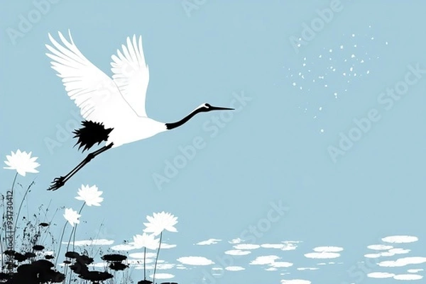 Fototapeta Japanese Crane birds flying in the style of large-scale minimalistic silhouette with white Nymphaea on a blue sky background. AI generated illustration.