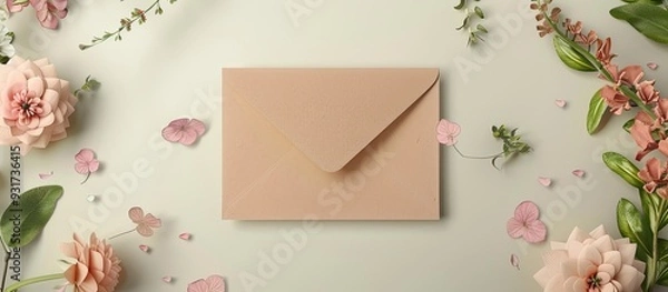 Fototapeta Artistic mockup for your artwork featuring lovely flowers a kraft paper envelope and an empty card captured from above Minimalistic flat lay arrangement with room for text. with copy space image