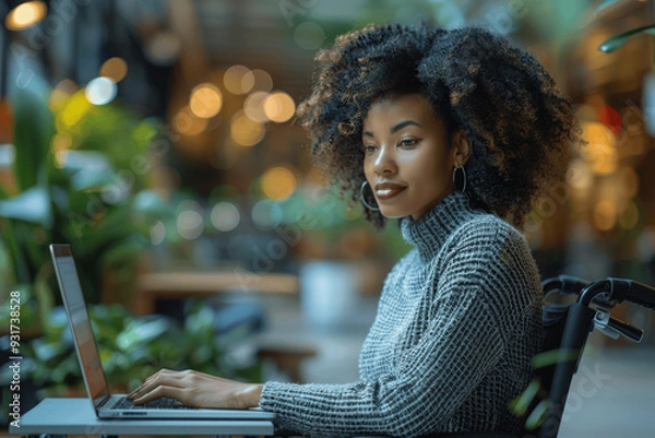Fototapeta Woman With Curly Hair Working On Laptop In Cozy Indoor Setting With Plants And Warm Lighting