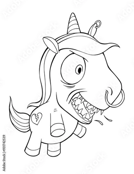 Obraz Evil Crazy Unicorn Coloring Page Vector Illustration Art