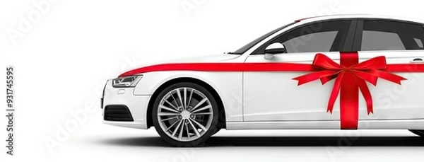 Obraz A stunning car adorned with a red ribbon and bow, symbolizing the ultimate gift on a crisp, bright day