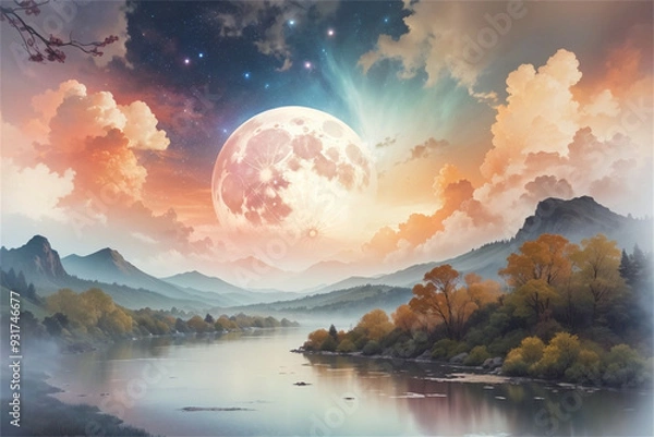 Obraz Idyllic river valley under a glowing full moon